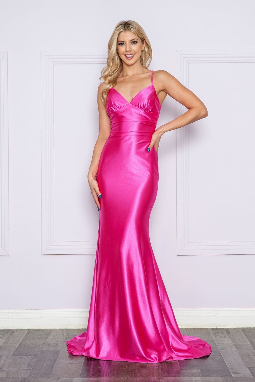 Poly USA 9256 V-neck Cut Out Back Satin Stretchy Evening Formal Gown - HOT PINK / XS - Dress