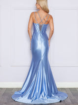 Blue Bridesmaid Dresses-Inexpensive Poly USA 9258 Corset Bone Stretch