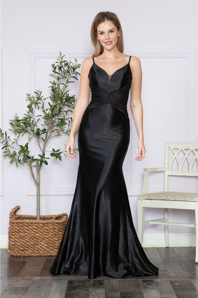 Poly USA 9260 Spaghetti Strap V - Neck Glitter Sheer Mermaid Prom Gown - BLACK / XS - Dress