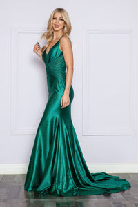 Poly USA 9260 Spaghetti Strap V - Neck Glitter Sheer Mermaid Prom Gown - EMERALD / XS - Dress