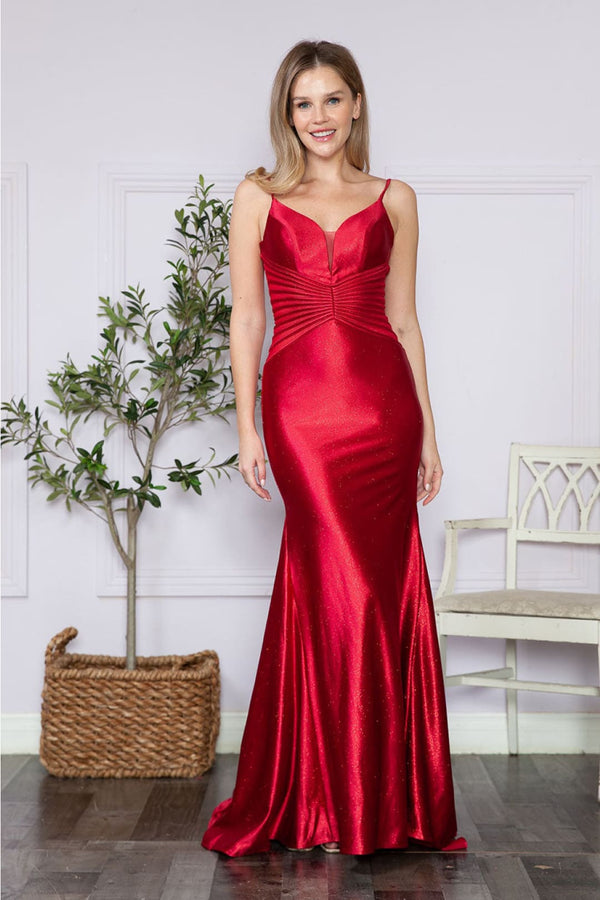 Poly USA 9260 Spaghetti Strap V - Neck Glitter Sheer Mermaid Prom Gown - RED / XS - Dress
