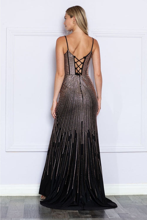 Poly USA 9266 Spaghetti Strap Corset Rhinestone Rain Bodice Prom Dress - Dress