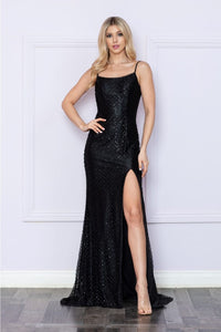 Poly USA 9288 Spaghetti Strap Sequin Print Black Tie Event Gown - XS Dress