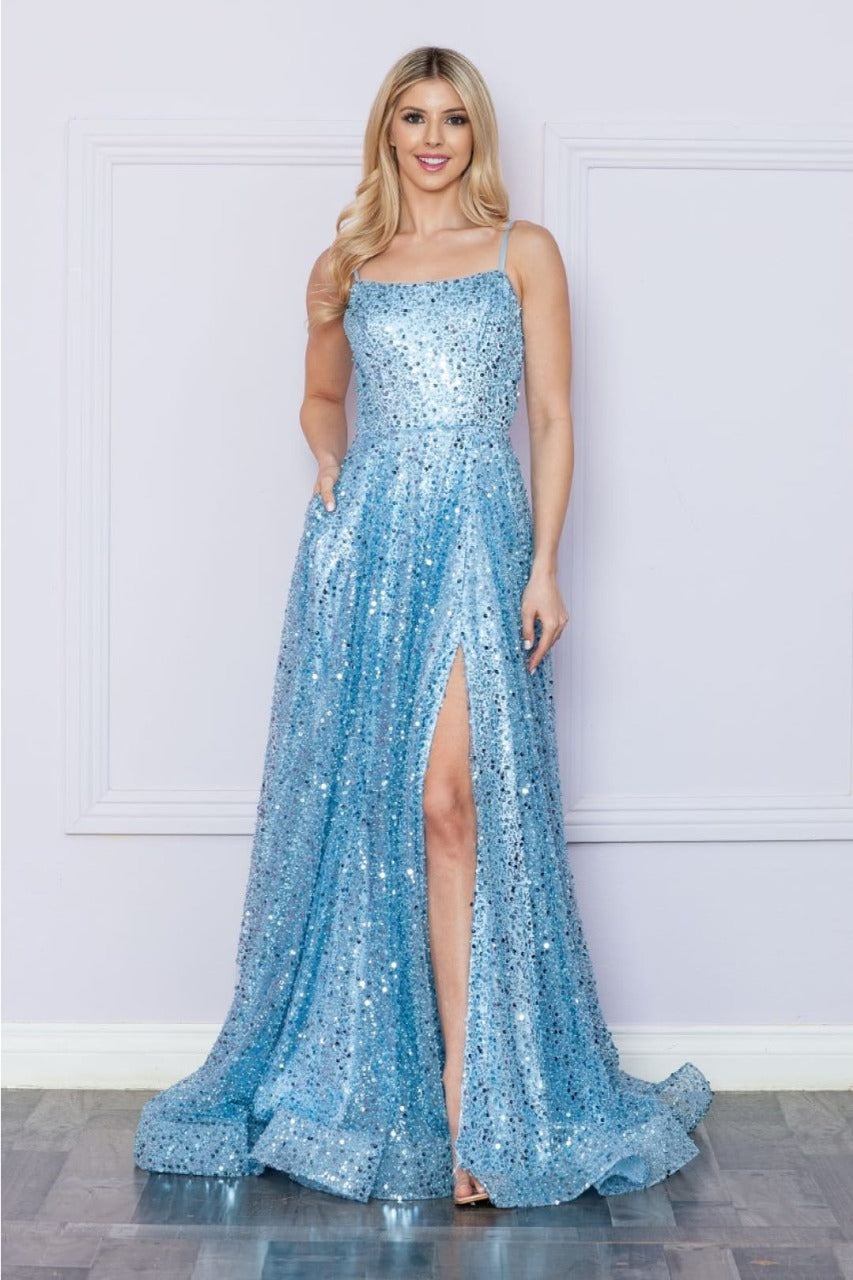 Poly USA 9290 Pearl Sequin Mesh Side Pockets A - Line Pageant Dress - BLUE / XS