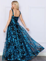 Poly USA 9298 Sleeveless Floral Glitter Print A-Line Evening Prom Gown