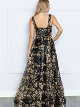 Poly USA 9298 Sleeveless Floral Glitter Print A-Line Evening Prom Gown
