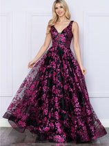 Poly USA 9298 Sleeveless Floral Glitter Print A-Line Evening Prom Gown