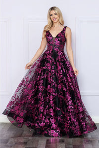 Poly USA 9298 Sleeveless Floral Glitter Print A - Line Evening Prom Gown - BLACK/MAGENTA / XS Dress