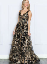 Poly USA 9298 Sleeveless Floral Glitter Print A-Line Evening Prom Gown