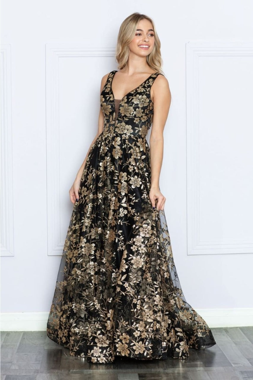 Poly USA 9298 Sleeveless Floral Glitter Print A - Line Evening Prom Gown - BLACK/ROSEGOLD / XS Dress