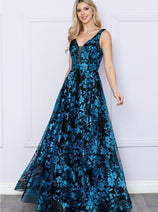 Poly USA 9298 Sleeveless Floral Glitter Print A-Line Evening Prom Gown