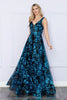 Poly USA 9298 Sleeveless Floral Glitter Print A - Line Evening Prom Gown - BLACK/TURQ / XS Dress