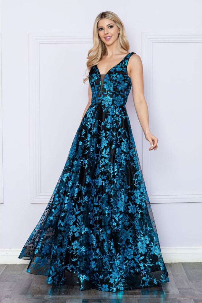 Poly USA 9298 Sleeveless Floral Glitter Print A - Line Evening Prom Gown - BLACK/TURQ / XS Dress