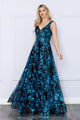 Poly USA 9298 Sleeveless Floral Glitter Print A - Line Evening Prom Gown - BLACK/TURQ / XS Dress