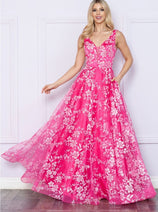 Poly USA 9298 Sleeveless Floral Glitter Print A-Line Evening Prom Gown