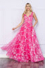 Poly USA 9298 Sleeveless Floral Glitter Print A - Line Evening Prom Gown - HOTPINK/WHITE / XS Dress