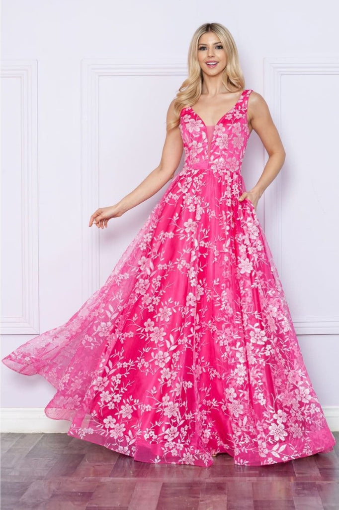 Poly USA 9298 Sleeveless Floral Glitter Print A - Line Evening Prom Gown - HOTPINK/WHITE / XS Dress