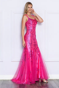 Poly USA 9306 Double Spaghetti Strap Glitter Print Mermaid Prom Gown - Dress