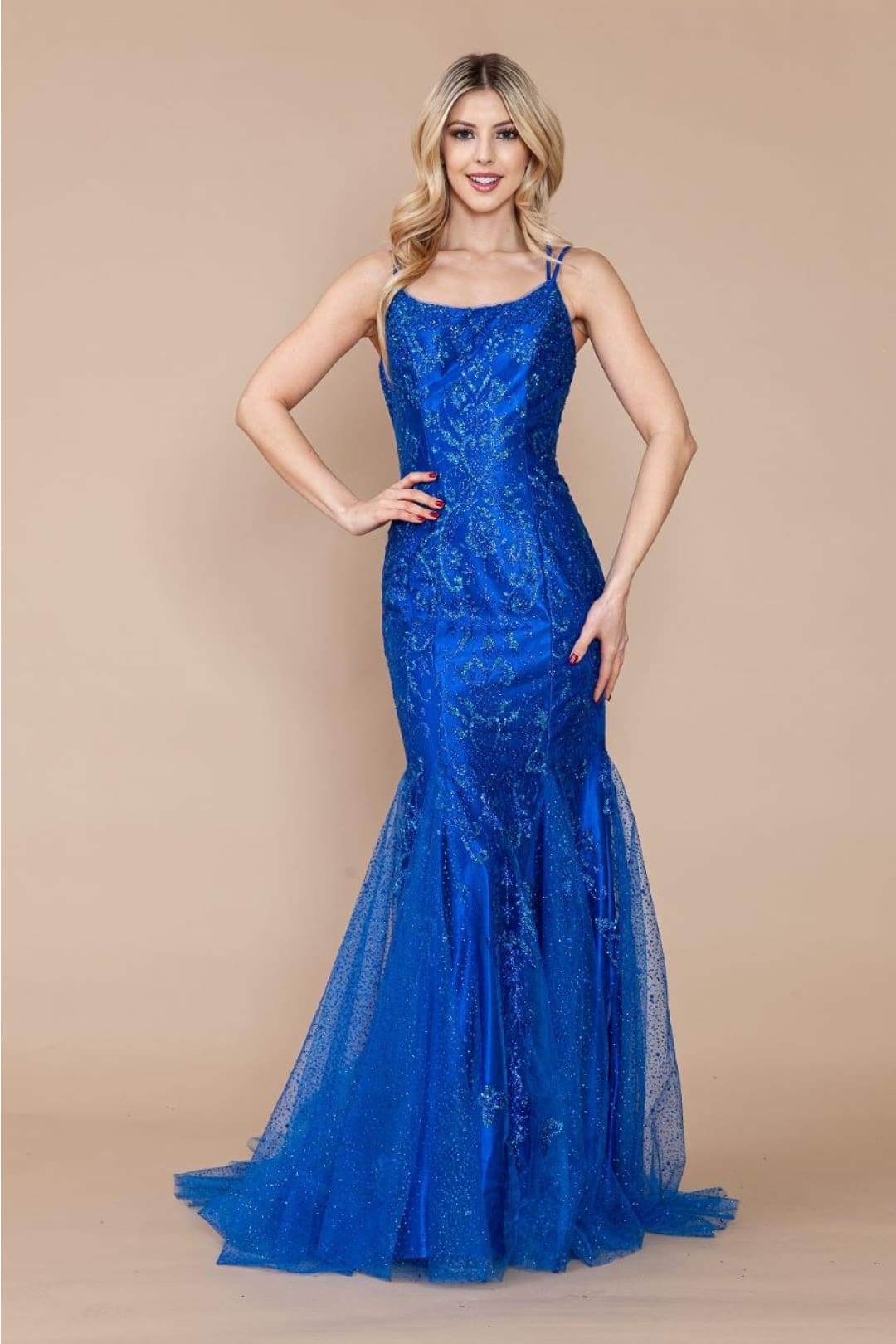 Poly USA 9306 Double Spaghetti Strap Glitter Print Mermaid Prom Gown - ROYAL / XS Dress