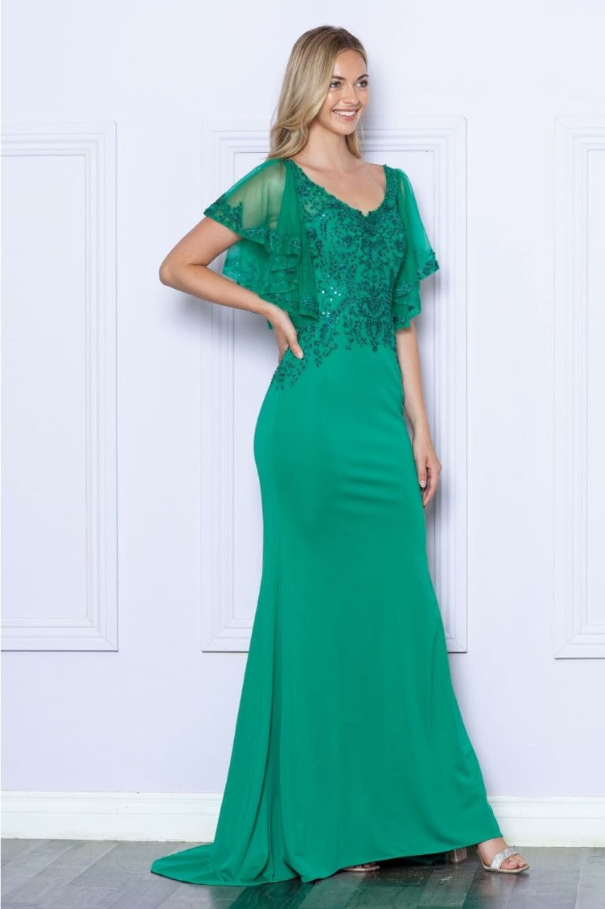 Poly USA 9318 Short Flutter Sleeve V - Neck Embroidered Evening Gown - Dress