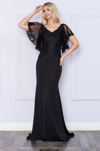 Poly USA 9318 Short Flutter Sleeve V - Neck Embroidered Evening Gown - BLACK / S Dress