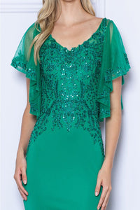 Poly USA 9318 Short Flutter Sleeve V-Neck Embroidered Evening Gown - Dress