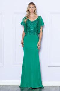 Poly USA 9318 Short Flutter Sleeve V - Neck Embroidered Evening Gown - EMERALD / S Dress