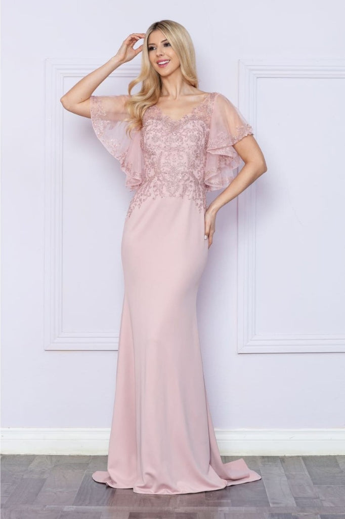 Poly USA 9318 Short Flutter Sleeve V - Neck Embroidered Evening Gown - MAUVE / S Dress