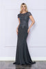 Poly USA 9320 Fitted Scoop Neck Sheer Short Sleeve Beaded Formal Gown - DARK GRAY / S Dress