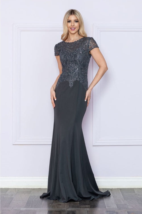 Poly USA 9320 Fitted Scoop Neck Sheer Short Sleeve Beaded Formal Gown - DARK GRAY / S Dress