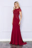 Poly USA 9320 Fitted Scoop Neck Sheer Short Sleeve Beaded Formal Gown - WINE / S Dress