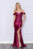 Poly USA 9350 Cold Shoulder Straps Illusion Embroidered Prom Dress - CHERRY RED / XS