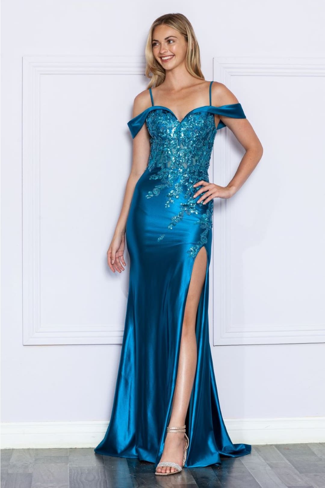 Poly USA 9350 Cold Shoulder Straps Illusion Embroidered Prom Dress - TEAL / XS