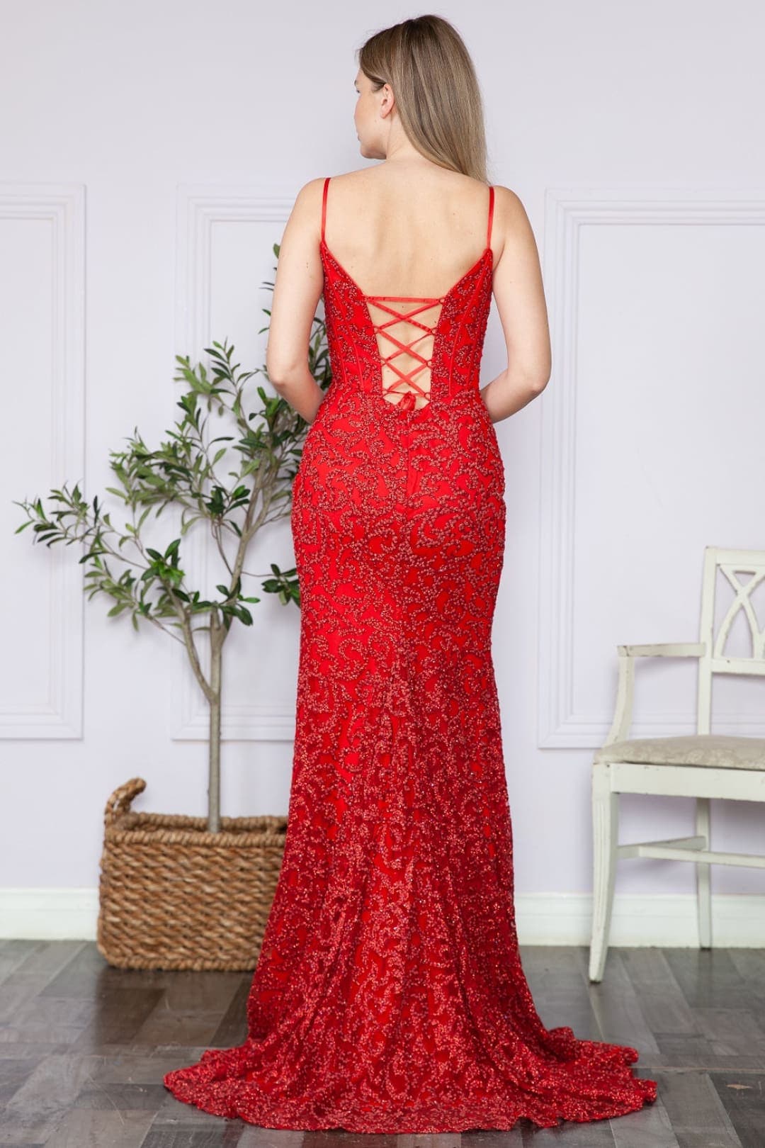 LA Merchandise LAY9354 Glitter Spaghetti Straps Corset Prom Dress