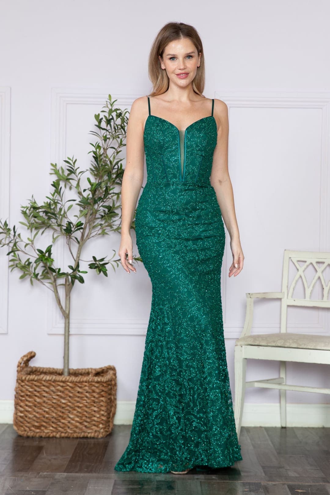 LA Merchandise LAY9354 Glitter Spaghetti Straps Corset Prom Dress - EMERALD GREEN / XS