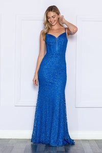 LA Merchandise LAY9354 Glitter Spaghetti Straps Corset Prom Dress - ROYAL BLUE / XS