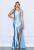 Poly USA 9358 One Shoulder Fitted Sequin Embroidery Beaded Long Dress - BLUE / XS