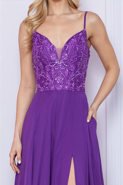 Poly USA 9368 Sleeveless Embroidered V- Neck Side Slit Formal Dress - Dress