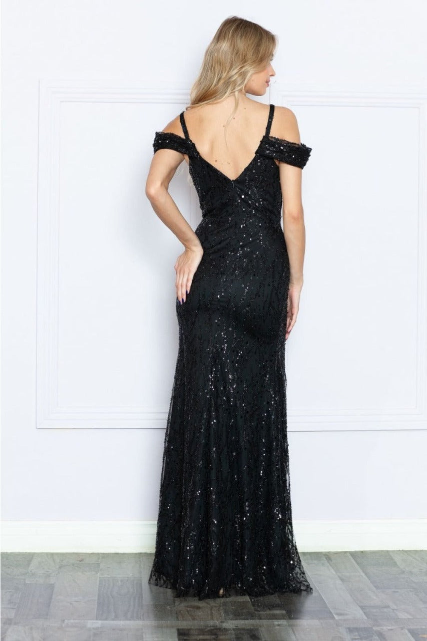 Poly USA 9384 Cold Sleeve Off - Shoulder Fitted Sequin Long Black Gown - Dress