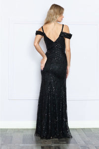 Poly USA 9384 Cold Sleeve Off - Shoulder Fitted Sequin Long Black Gown - Dress