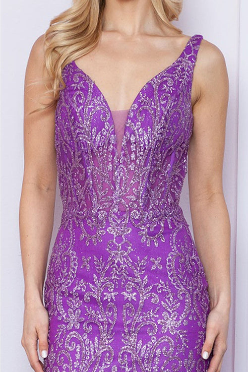 Poly USA 9388 Sleeveless Glitter Mermaid V-Neck Prom Gown - Dress