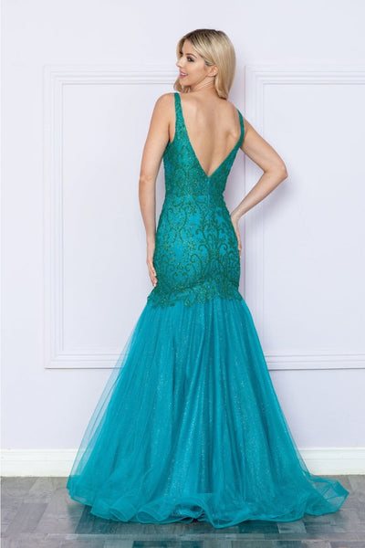 Poly USA 9388 Sleeveless Glitter Print V - Neck Mermaid Long Gown - Dress