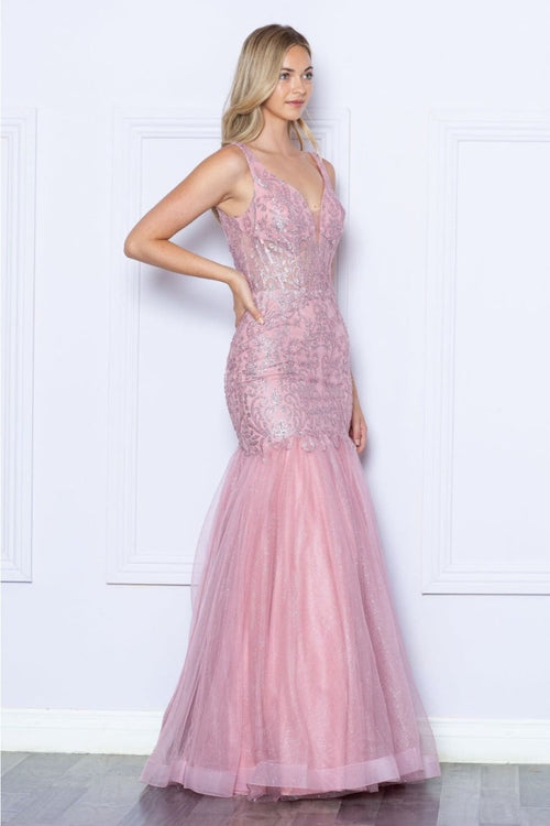 Poly USA 9388 Sleeveless Glitter Print V - Neck Mermaid Long Gown - Dress