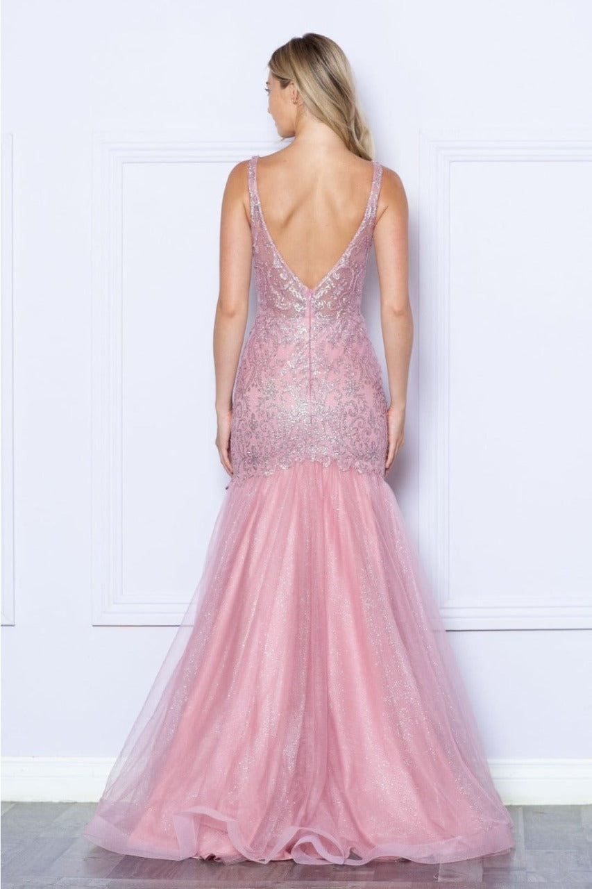 Poly USA 9388 Sleeveless Glitter Print V - Neck Mermaid Long Gown - Dress