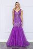 Poly USA 9388 Sleeveless Glitter Print V - Neck Mermaid Long Gown - PURPLE / XS Dress