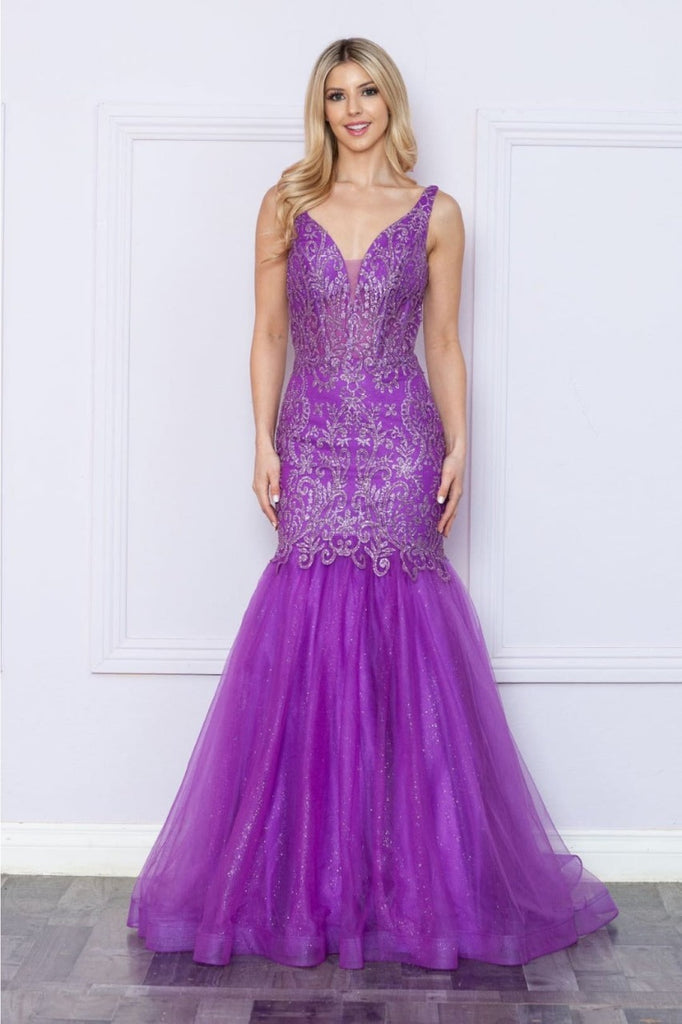 Poly USA 9388 Sleeveless Glitter Print V - Neck Mermaid Long Gown - PURPLE / XS Dress