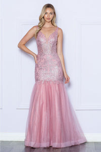 Poly USA 9388 Sleeveless Glitter Print V - Neck Mermaid Long Gown - ROSE GOLD / XS Dress