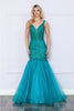 Poly USA 9388 Sleeveless Glitter Print V - Neck Mermaid Long Gown - TEAL / XS Dress