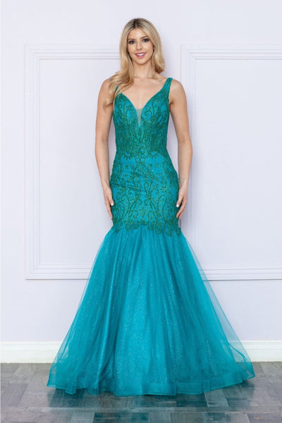 Poly USA 9388 Sleeveless Glitter Print V - Neck Mermaid Long Gown - TEAL / XS Dress