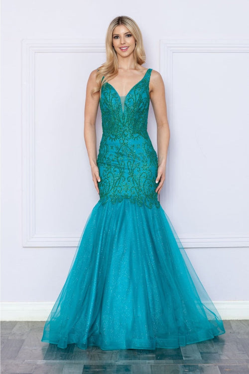 Poly USA 9388 Sleeveless Glitter Print V - Neck Mermaid Long Gown - TEAL / XS Dress